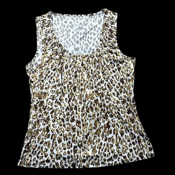 St John’s Bay Sleeveless Top Leopard Print Metallic Gold Brown Womens Petite PL - Picture 1 of 5